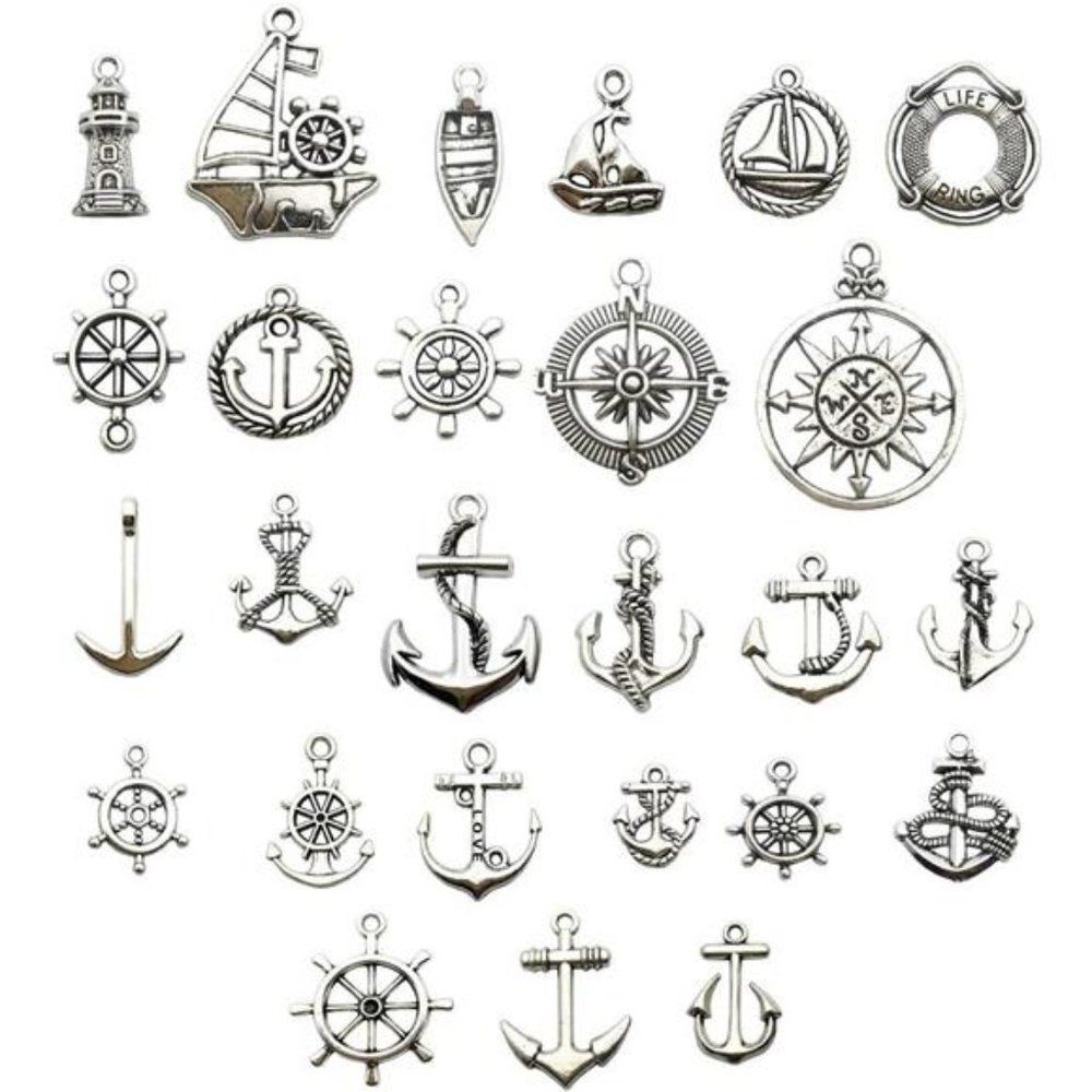 50 Pcs Nautical Ship Wheel Anchor Charms Pendants for Crafting, Jewelry Findings
